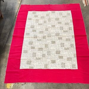 Vintage Tablecloth red 9” edge with cream & soft faded metallic insert